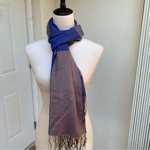 PASHMINA. NWOT. Blue/Gray/Tan/Black Block printed Shawl/Wrap. 67X27.